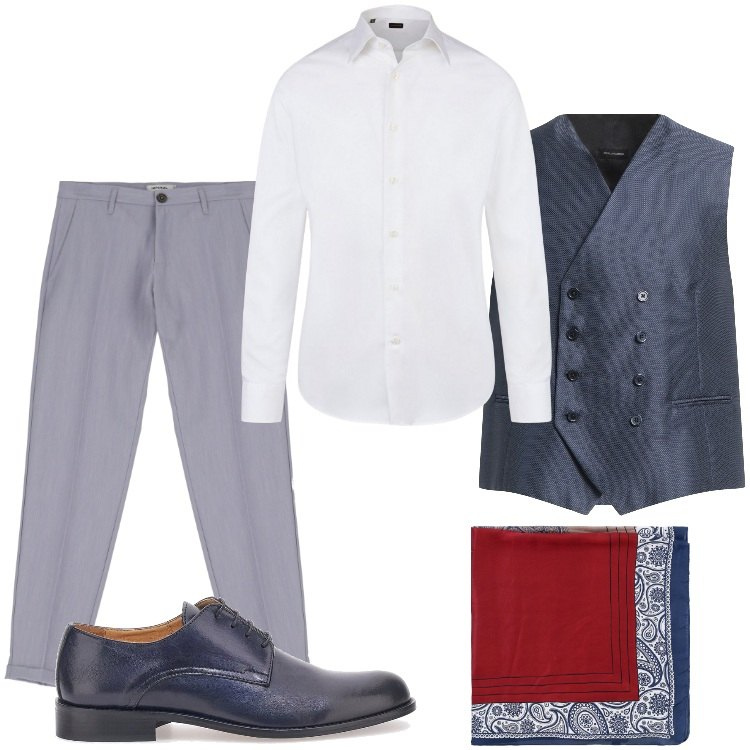 Outfit uomo - Total look #2124852. Stile Business/Elegante per Cerimonia. Abbinamento con gilet, pantaloni, sciarpe e foulard, scarpe stringate, camicie.