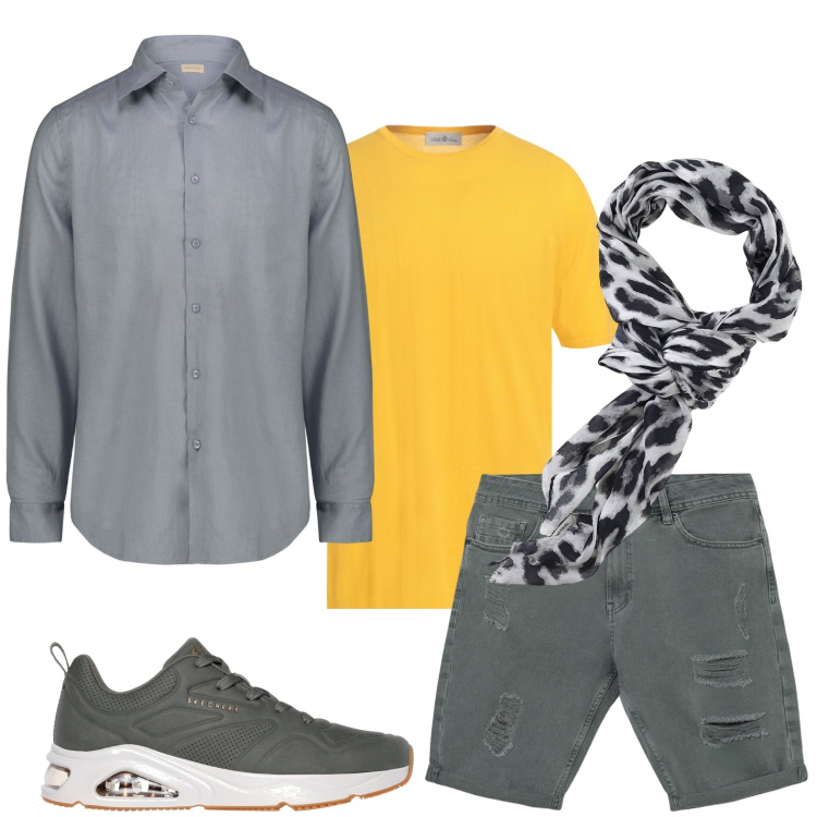 Outfit uomo - work break. Stile Trendy per Tutti i giorni. Abbinamento con t-shirt, bermuda, sciarpe e foulard, sneakers, camicie.