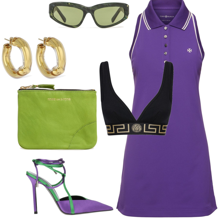 Outfit donna - Invitata informale. Stile Sporty chic per Serata fuori. Abbinamento con décolleté, orecchini, occhiali da sole, vestiti senza maniche, reggiseni, portafogli.