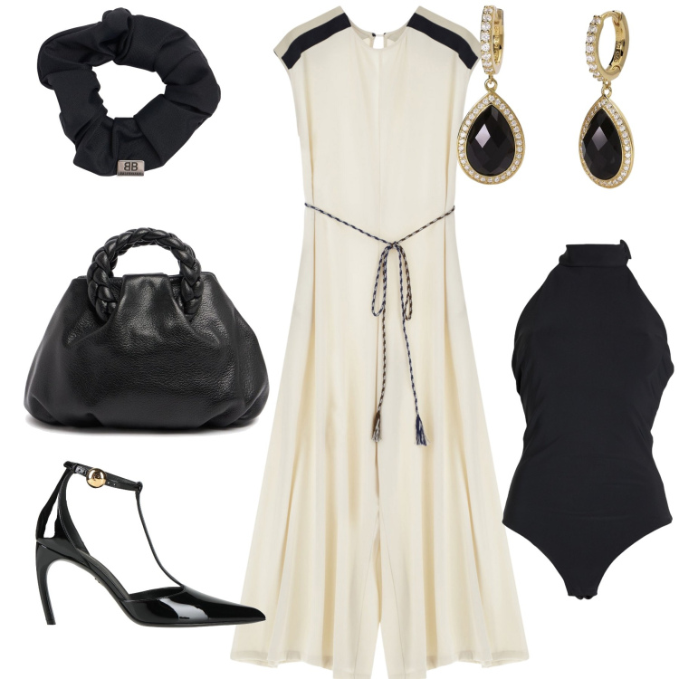 Outfit donna - Tutta una serata in tuta. Stile Glamour per Serata fuori. Abbinamento con body, décolleté, orecchini, tute, accessori per capelli, borse a mano.