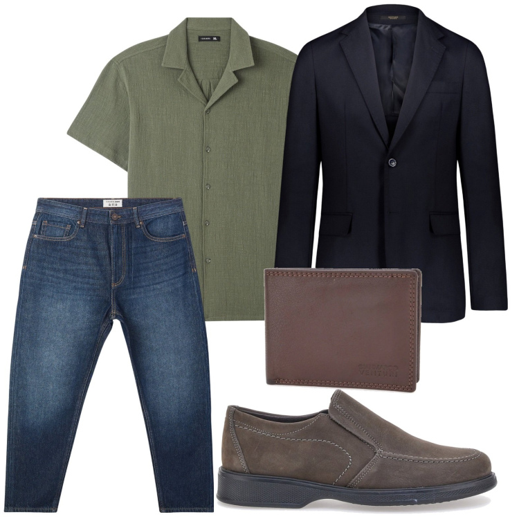 Outfit uomo - Guardaroba primaverile. Stile Trendy per Ufficio. Abbinamento con camicie a manica corta, jeans, giacche, portafogli, scarpe stringate.