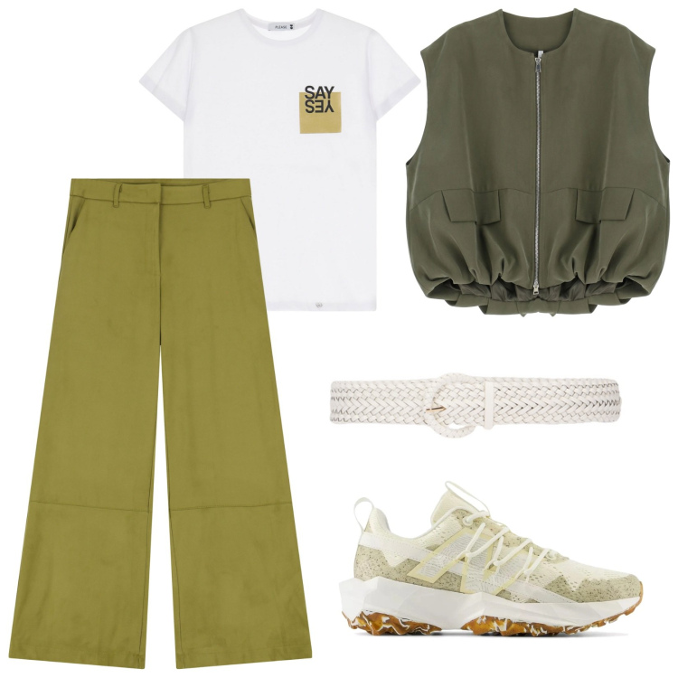 Outfit donna - Say Yes. Stile Casual per Tutti i giorni. Abbinamento con sneakers, t-shirt, pantaloni a palazzo, blazer, cinture.