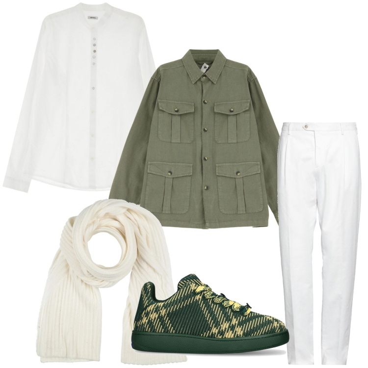 Outfit uomo - Green and white. Stile Trendy per Tutti i giorni. Abbinamento con sciarpe, pantaloni chino, cappotti, camicie, sneakers.