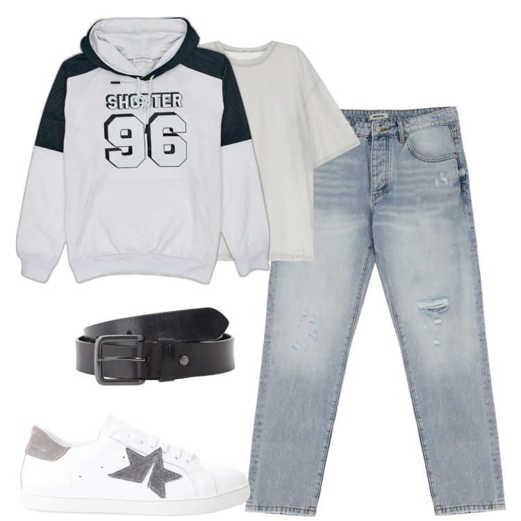 Outfit uomo - Total look #2124907. Stile Casual per Tutti i giorni. Abbinamento con jeans strappati, t-shirt, cinture, sneakers, felpe con cappuccio.