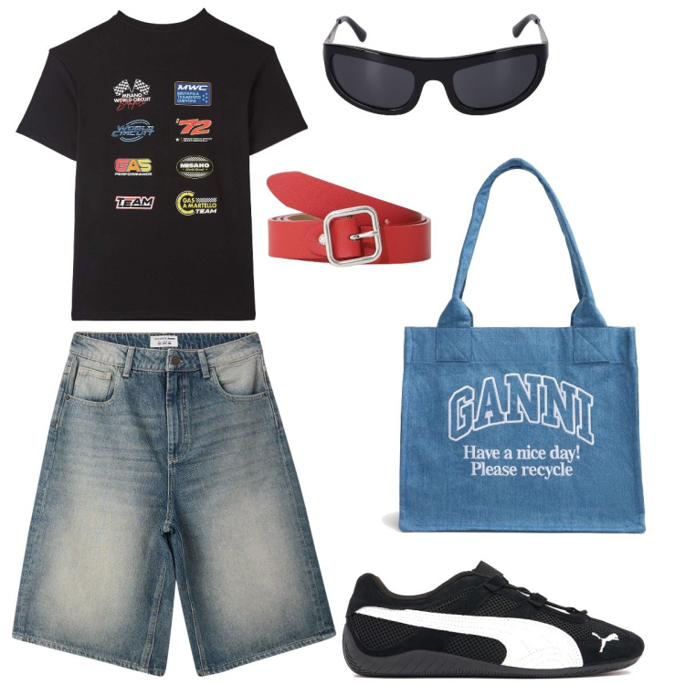 Outfit donna - Street style. Stile Urban per Tutti i giorni. Abbinamento con t-shirt, bermuda, cinture, occhiali da sole, shopping bag, sneakers.