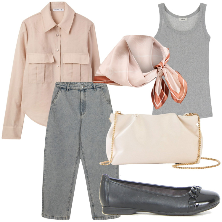Outfit donna - Il jeans giusto. Stile Minimal per Tutti i giorni. Abbinamento con pochette, camicie, jeans, foulard, canottiere, ballerine.