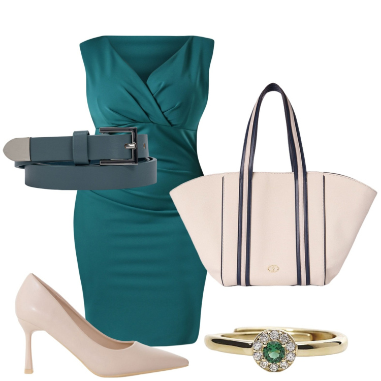 Outfit donna - Tubino bon ton. Stile Minimal per Tutti i giorni. Abbinamento con vestiti a tubino, anelli, décolleté, shopping bag, cinture.