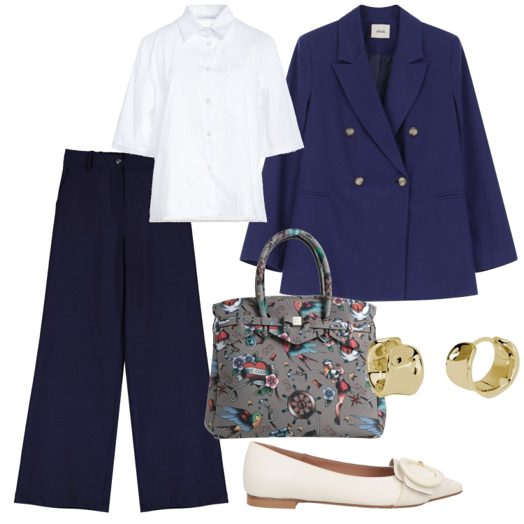Outfit donna - L\'eleganza del tailleur. Stile Mannish per Ufficio. Abbinamento con mocassini, borse a mano, camicie a manica corta, orecchini, pantaloni a palazzo, blazer.