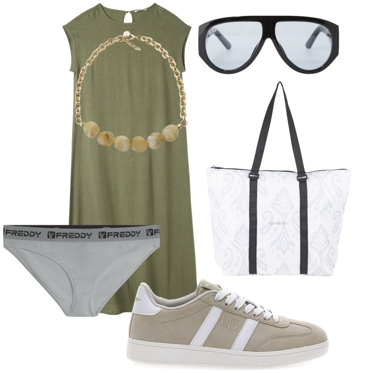Outfit donna - Total look. Stile Trendy per Tutti i giorni. Abbinamento con vestiti lunghi, occhiali da sole, shopping bag, culotte, collane, sneakers.
