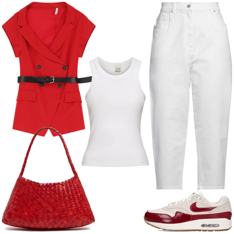 Outfit donna - In città. Stile Casual chic per Tutti i giorni. Abbinamento con jeans, blazer, canottiere, borse a spalla, sneakers.