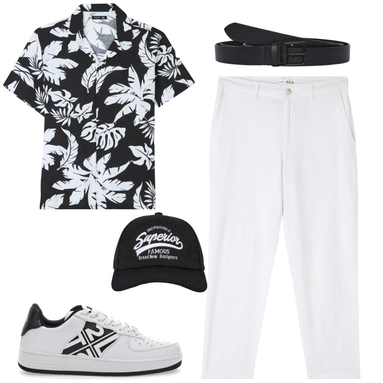 Outfit uomo - Al mare. Stile Casual per Tutti i giorni. Abbinamento con pantaloni, cappelli con visiera, camicie a manica corta, cinture, sneakers.