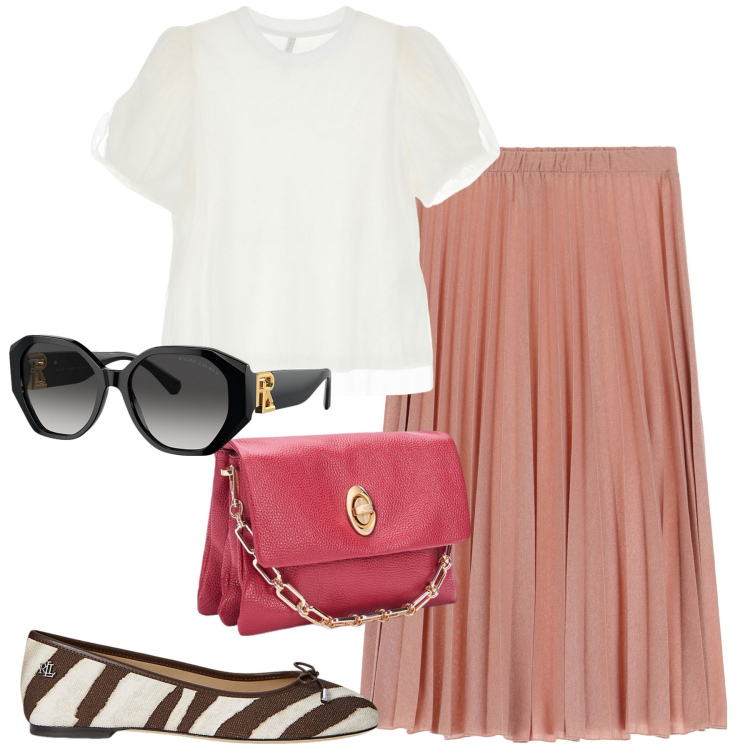 Outfit donna - Gli occhiali da sole trendissimi. Stile Casual chic per Tutti i giorni. Abbinamento con gonne, t-shirt, ballerine, occhiali da sole, borse a tracolla.