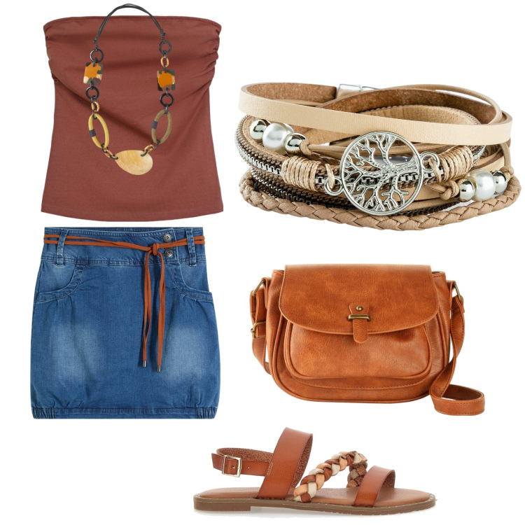 Outfit donna - Total look #2124922. Stile Etnico per Tutti i giorni. Abbinamento con minigonne, borse a tracolla, braccialetti, top, sandali, collane.