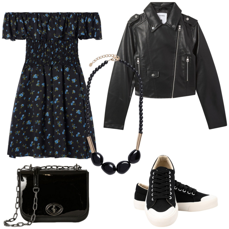 Outfit donna - Fiori in versione Rock. Stile Rock per Tutti i giorni. Abbinamento con vestiti corti, giacche, sneakers, collane, borse a tracolla.