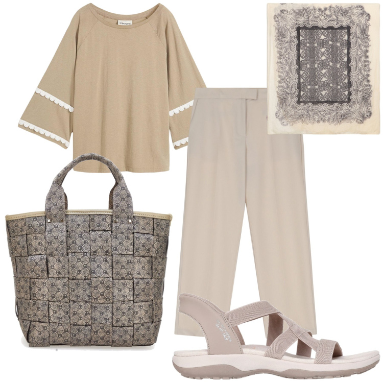 Outfit donna - Comodamente in giro. Stile Basic per Tutti i giorni. Abbinamento con t-shirt, pantaloni, sandali col tacco, borse a mano, sciarpe.