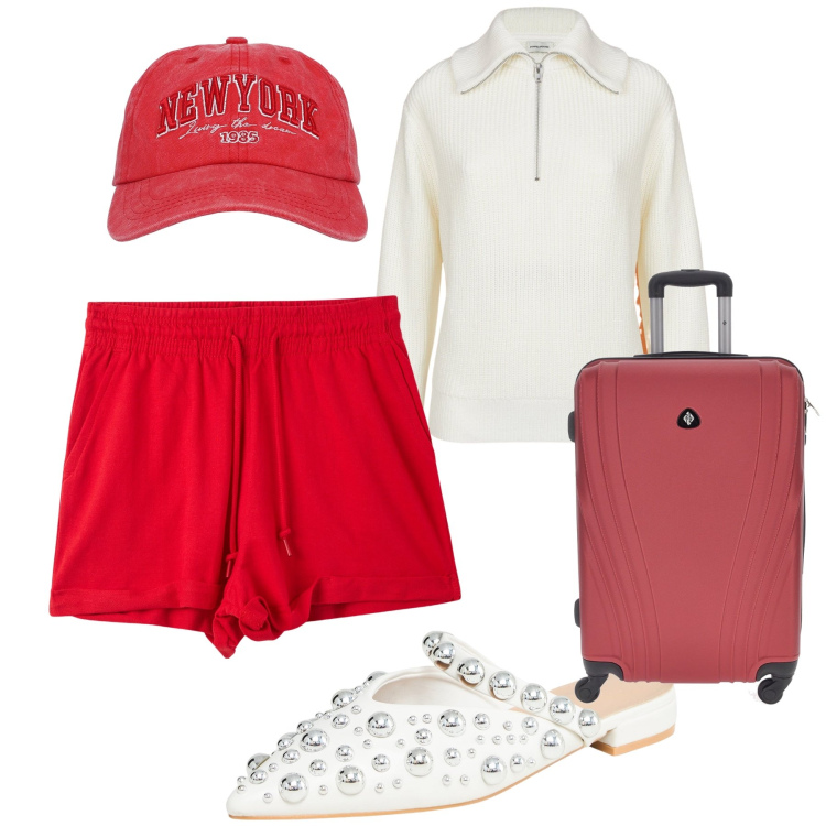 Outfit donna - New York New York. Stile Casual chic per Tutti i giorni. Abbinamento con ballerine, cappelli, shorts, maglieria, valigie.