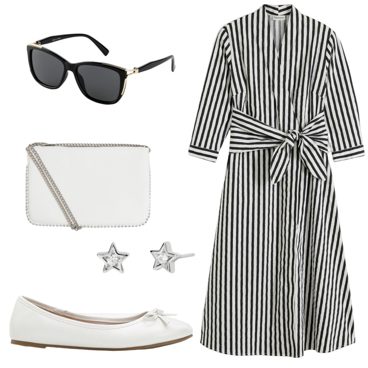 Outfit donna - Righe. Stile Casual chic per Tutti i giorni. look ideale per Petite. Abbinamento con ballerine, vestiti midi/longuette, occhiali da sole, borse a tracolla, orecchini.