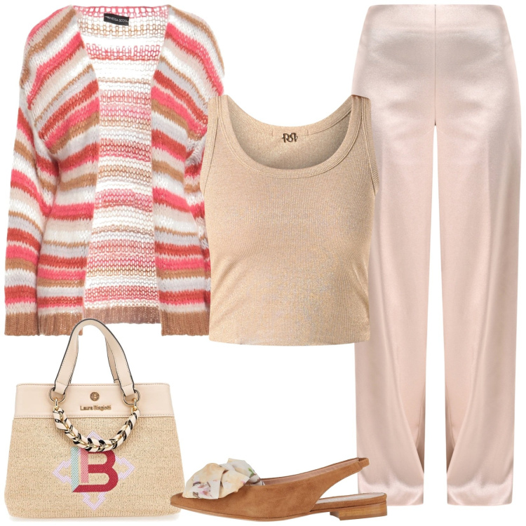 Outfit donna - Cardigan di filo. Stile Casual chic per Tutti i giorni. Abbinamento con ballerine, cardigans, pantaloni a palazzo, canottiere, borse a mano.