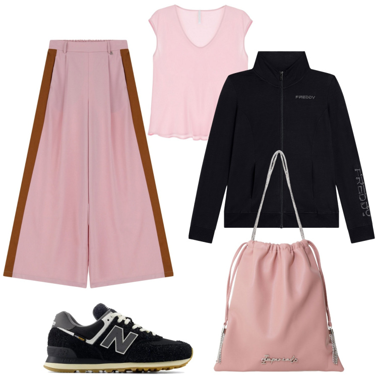 Outfit donna - Rosa e Nero. Stile Trendy per Tutti i giorni. Abbinamento con sneakers, borse a secchiello, top, felpe sportive, pantaloni.