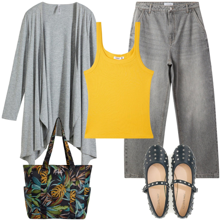 Outfit donna - Ballerine con le borchie e maxi cardigan. Stile Casual per Tutti i giorni. Abbinamento con cardigans, canottiere, jeans, shopping bag, ballerine.