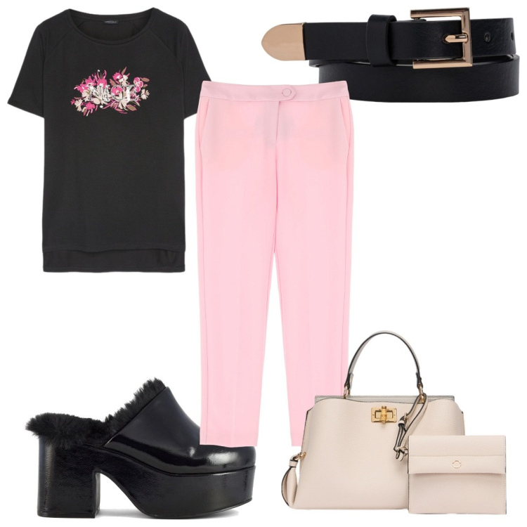 Outfit donna - Una t-shirt per amica: trendy. Stile Trendy per Tutti i giorni. Abbinamento con pantaloni, t-shirt, sabot, cinture, borse a mano.
