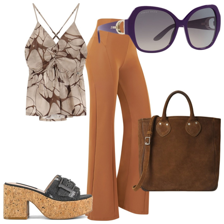 Outfit donna - Gli occhiali da sole trendissimi :70s. Stile 70s per Tutti i giorni. Abbinamento con canottiere, pantaloni, occhiali da sole, borse tote, sandali.