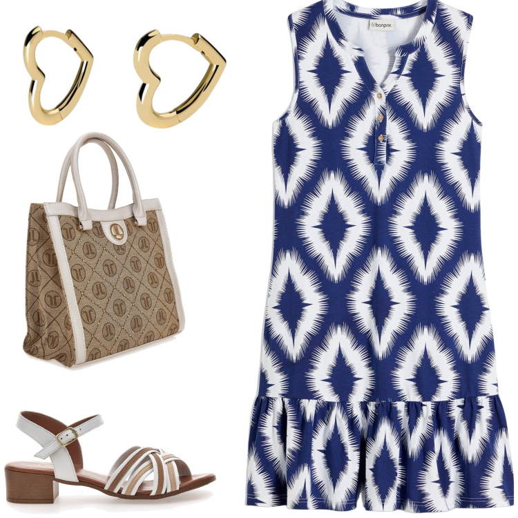 Outfit donna - Pratica per il lavoro. Stile Casual per Tutti i giorni. Abbinamento con vestiti, orecchini, sandali col tacco, borse a spalla.