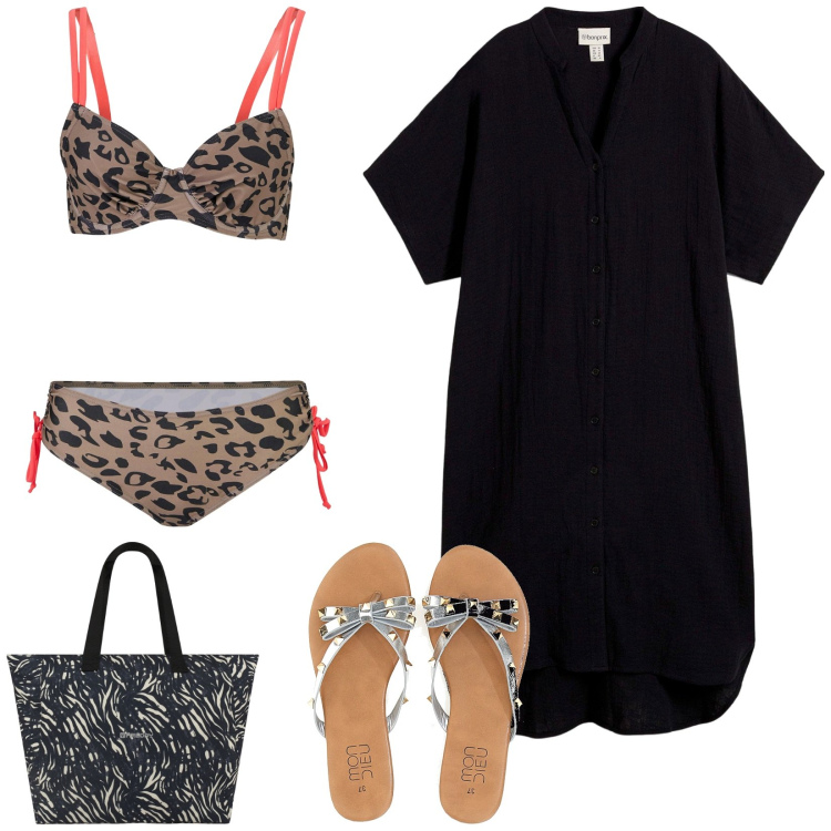 Outfit donna - Chic in spiaggia. Stile Casual chic per Mare. Abbinamento con vestiti chemisier, bikini, shopping bag, infradito.
