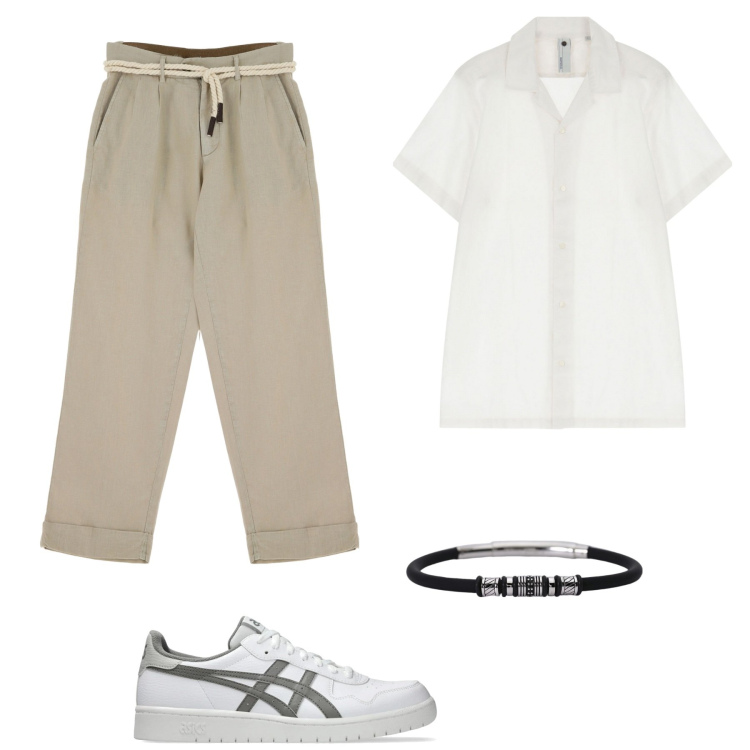 Outfit uomo - Safari molto soft. Stile Casual per Tutti i giorni. Abbinamento con braccialetti, pantaloni chino, camicie a manica corta, sneakers.