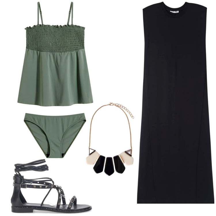 Outfit donna - Pausa pranzo al mare. Stile Casual per Mare. Abbinamento con costumi interi, vestiti senza maniche, sandali alla schiava, collane.