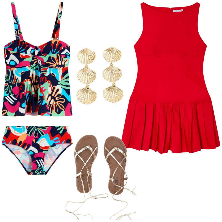Outfit donna - Briosa al mare. Stile Casual per Mare. Abbinamento con costumi interi, orecchini, vestiti senza maniche, sandali alla schiava.