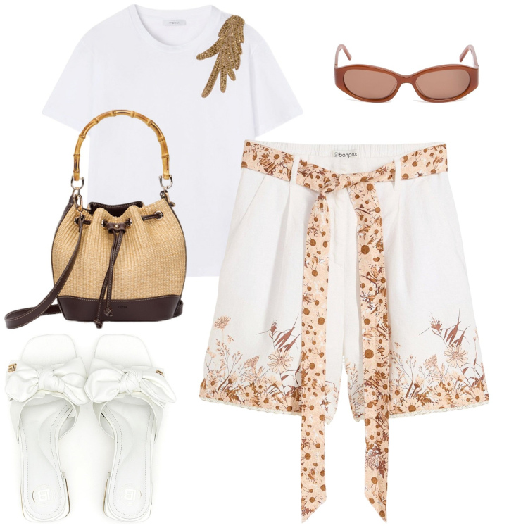 Outfit donna - Al mare con stile. Stile Minimal per Mare. Abbinamento con shorts, ciabatte, t-shirt, occhiali da sole, borse a secchiello.