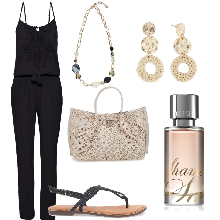 Outfit donna - Serata tra colleghe. Stile Casual chic per Serata fuori. Abbinamento con tute, orecchini, profumi, collane, ciabatte, borse a tracolla.