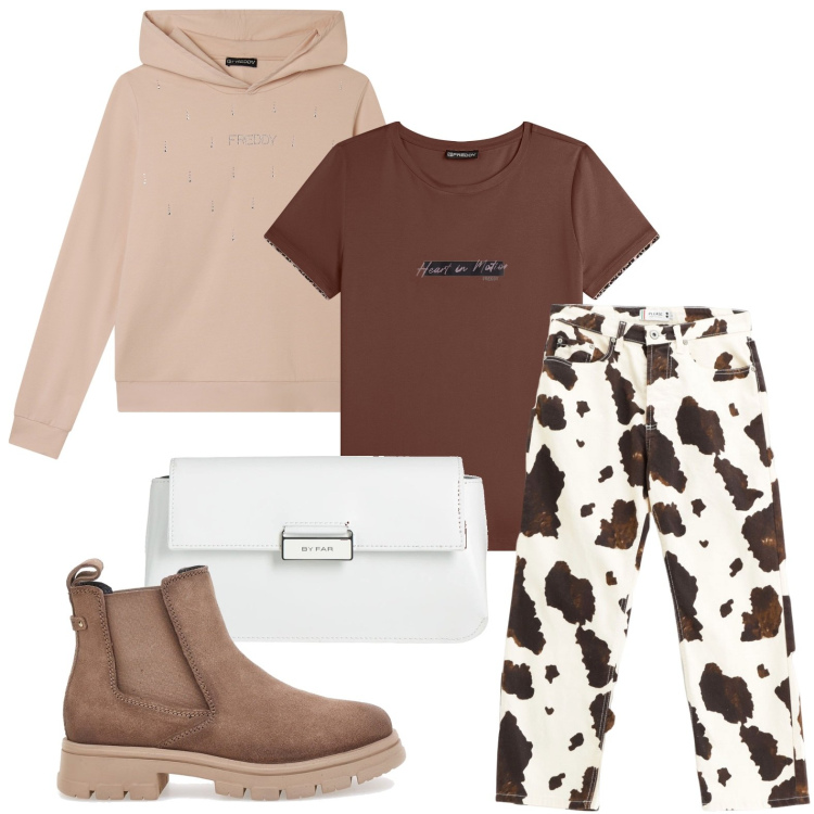 Outfit donna - Stampa animalier. Stile Minimal per Tutti i giorni. Abbinamento con borse a mano, pantaloni, felpe con cappuccio, t-shirt, stivaletti chelsea.
