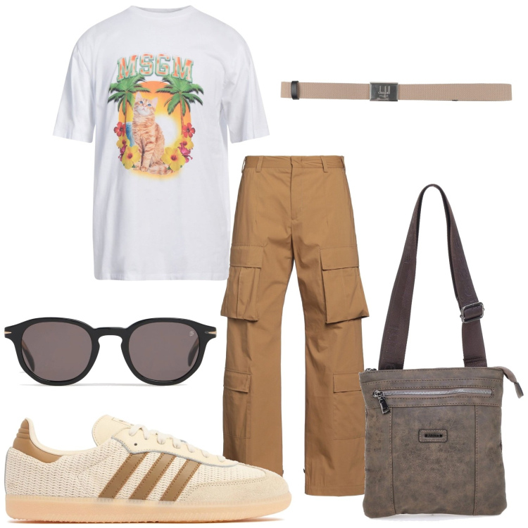Outfit uomo - Pantalone per la passeggiata. Stile Trendy per Tutti i giorni. Abbinamento con cinture, pantaloni cargo, t-shirt, portafogli, occhiali da sole, sneakers.