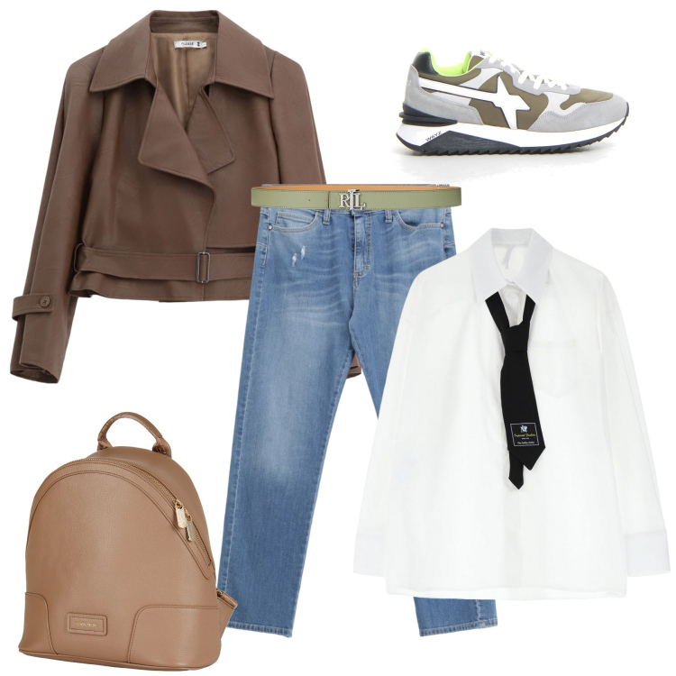 Outfit donna - Giacca in pelle. Stile Basic per Tutti i giorni. Abbinamento con zaini, blazer, jeans strappati, camicie, cinture, sneakers.