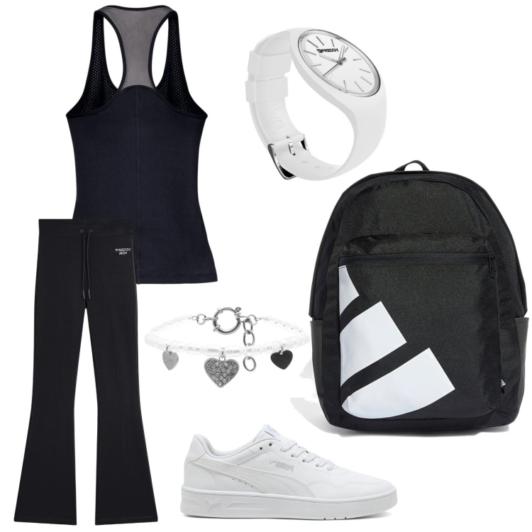 Outfit donna - Comodità. Stile Sporty chic per Sport. Abbinamento con pantaloni sportivi, braccialetti, orologi, sneakers, borse sportive, canottiere.