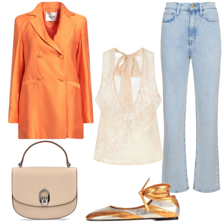 Outfit donna - Stile ricercato. Stile Glamour per Tutti i giorni. Abbinamento con blazer, ballerine, top, borse a mano, jeans.