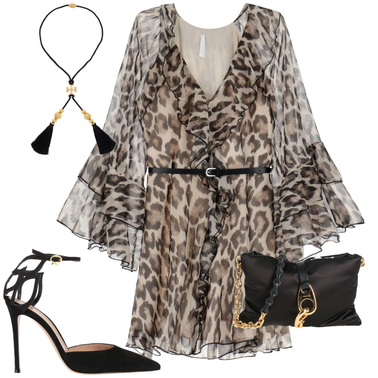 Outfit donna - Serata. Stile Glamour per Serata fuori. Abbinamento con collane, borse a tracolla, décolleté, vestiti corti.