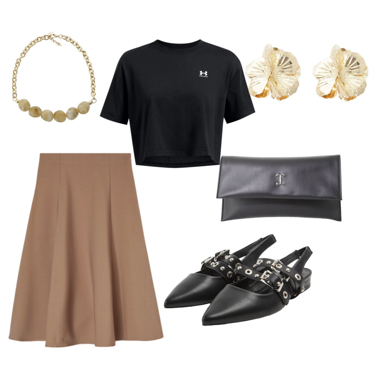 Outfit donna - Tempo libero. Stile Chic per Tutti i giorni. Abbinamento con sabot, pochette, collane, orecchini, t-shirt, gonne longuette.