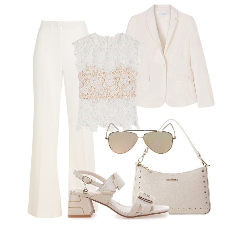 Outfit donna - Eleganza monocromatica. Stile Bon Ton per Cerimonia. Abbinamento con top, pantaloni, borse a spalla, sandali col tacco, occhiali da sole, blazer.
