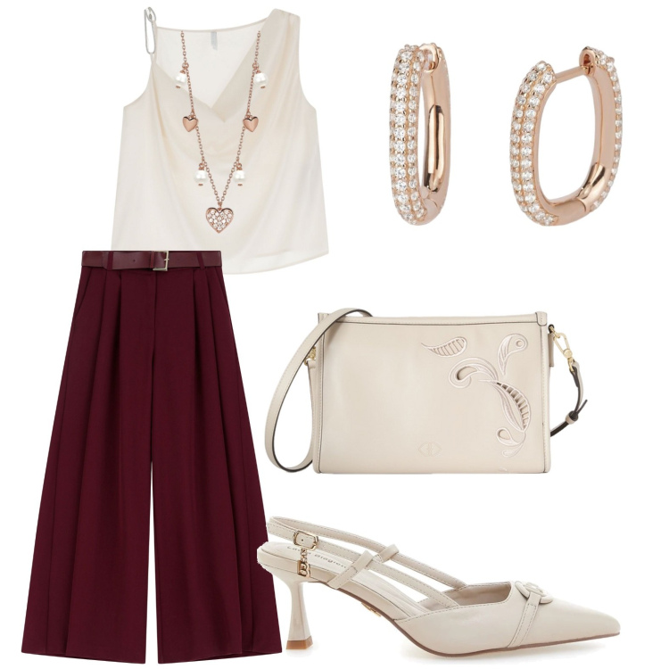 Outfit donna - 25 maggio comunione. Stile Chic per Cerimonia. Abbinamento con collane, orecchini, pantaloni a palazzo, top, décolleté, borse a tracolla.