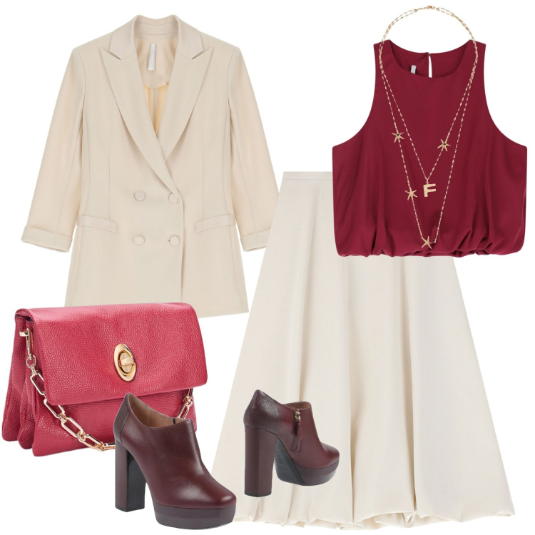 Outfit donna - Meeting a pranzo. Stile Minimal per Ufficio. Abbinamento con stivaletti, collane, gonne longuette, blazer, top, borse a tracolla.