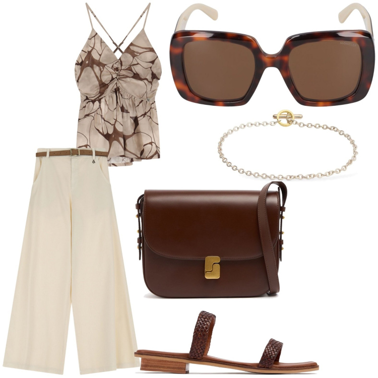 Outfit donna - Il mio stile. Stile Casual chic per Serata fuori. Abbinamento con canottiere, pantaloni a palazzo, sandali in pelle, borse a spalla, braccialetti, occhiali da sole.