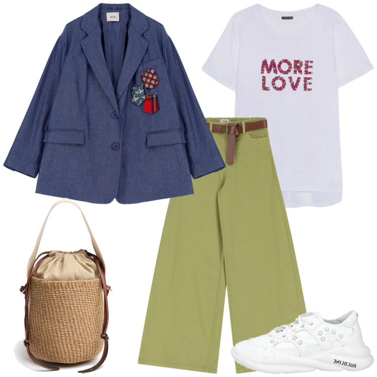Outfit donna - Giacca blu. Stile Basic per Tutti i giorni. Abbinamento con sneakers, pantaloni, blazer, t-shirt, borse a mano.