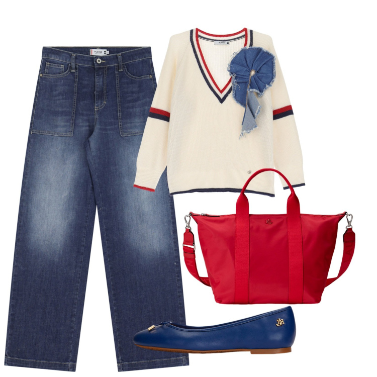 Outfit donna - Primavera freddina. Stile Casual per Ufficio. Abbinamento con jeans, maglieria, ballerine, borse tote.