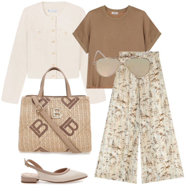 Outfit donna - In giro. Stile Casual chic per Tutti i giorni. Abbinamento con pantaloni, t-shirt, ballerine, blazer, borse a tracolla, occhiali da sole.