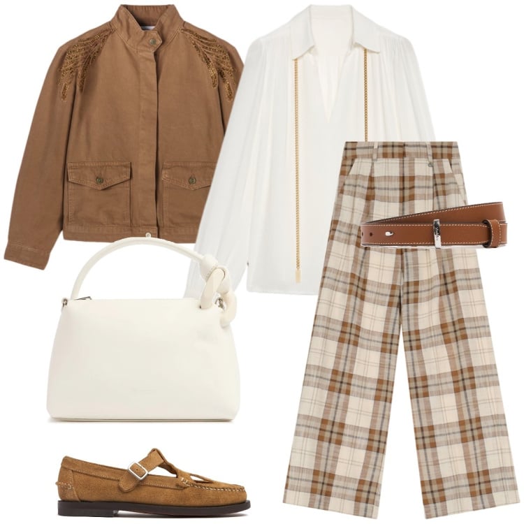 Outfit donna - Ufficio. Stile Casual chic per Ufficio. Abbinamento con pantaloni, borse a spalla, mocassini, cinture, blazer, bluse.