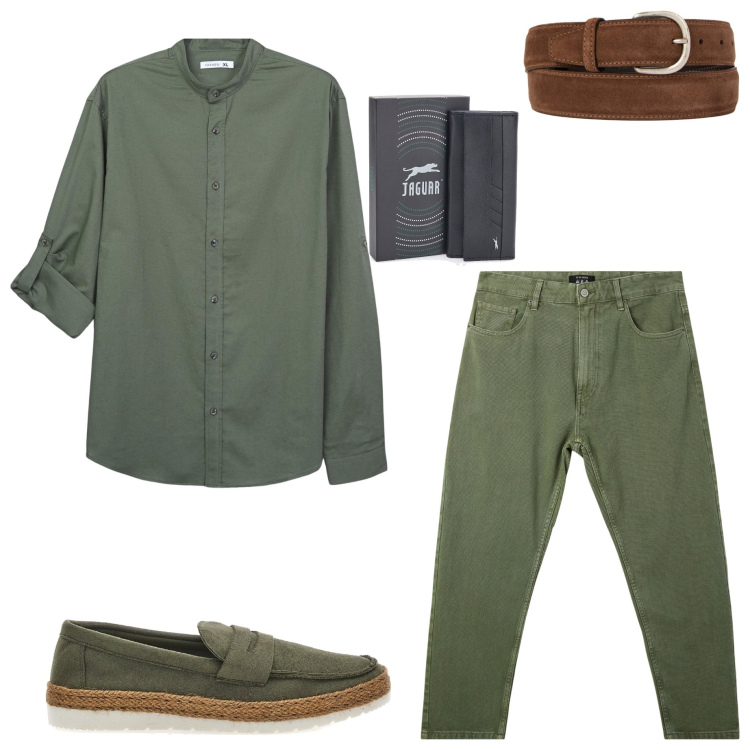Outfit uomo - Verde militare. Stile Urban per Tutti i giorni. Abbinamento con camicie, pantaloni, cinture, scarpe stringate, portachiavi.