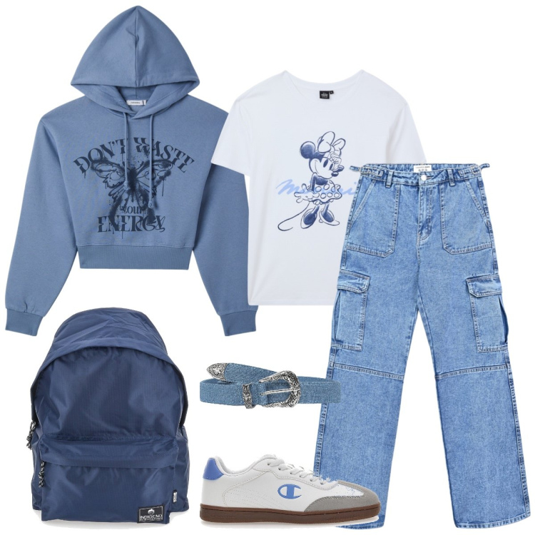 Outfit donna - Scuola. Stile Urban per Scuola/Università. Abbinamento con cinture, t-shirt, felpe con cappuccio, jeans, sneakers, zaini.